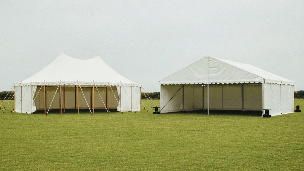 A white peg-and-pole tent and a frame marquee standing side by side on open grass
