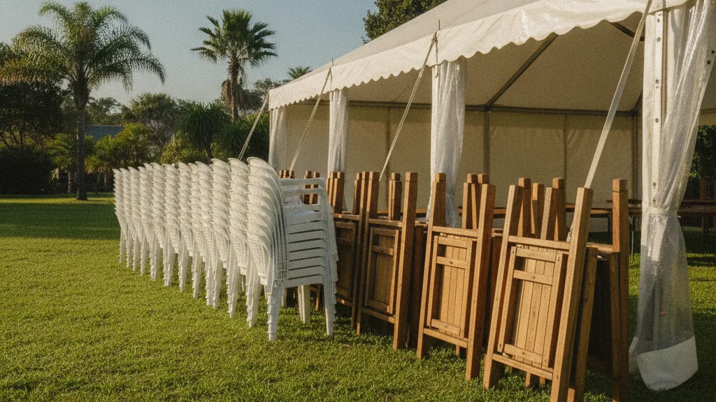 Stacked plastic chairs and folded trestle tables ready for delivery beside an empty marquee