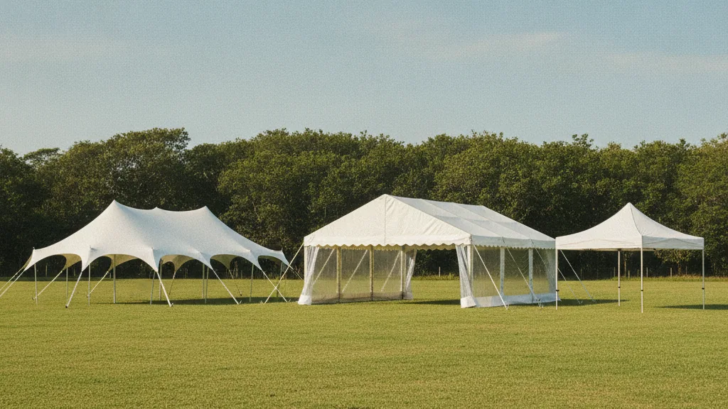 A stretch tent, a frame marquee and a pop-up gazebo standing together on a grass field