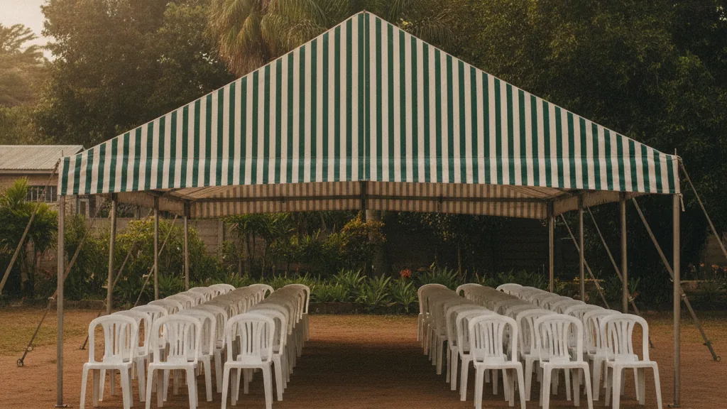 Green and white striped funeral tent with rows of white plastic chairs in an East London township yard