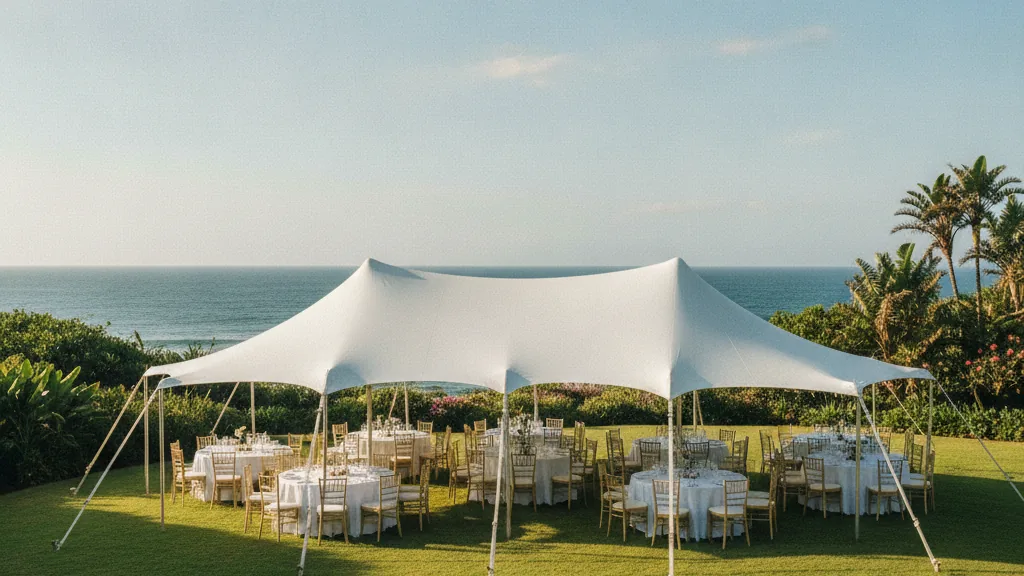 White stretch tent set with tables on a coastal lawn overlooking the Indian Ocean in East London
