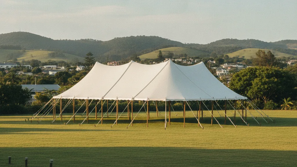 Large white peg-and-pole marquee on an open green plot in a King William's Town setting