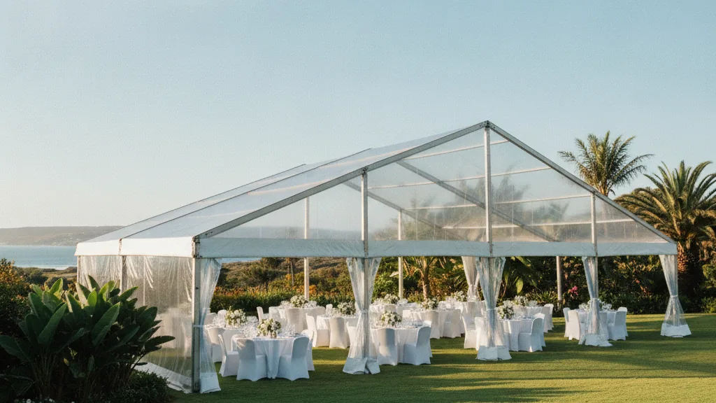 White clear-span frame marquee with round tables on a green coastal garden lawn in East London