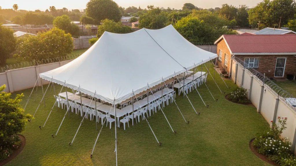 Peg-and-pole function tent with white chairs and tables in a walled Mdantsane township yard at golden hour