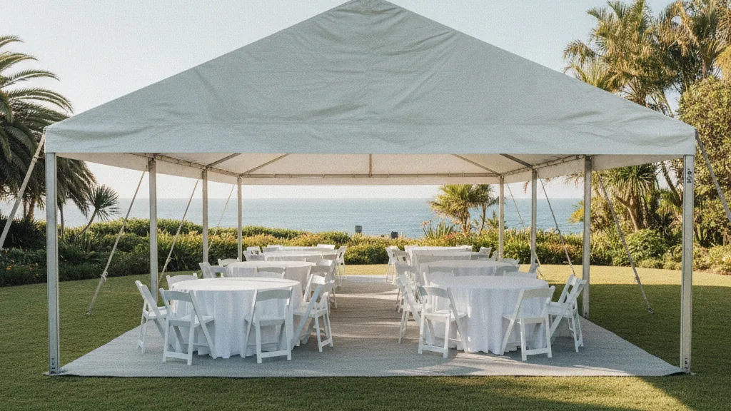 White frame marquee with round tables and white linen on a green coastal garden lawn in East London