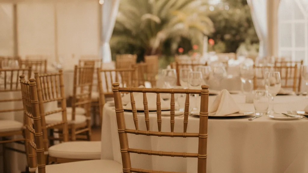 Gold Tiffany chairs at a linen-dressed round table inside an East London function tent